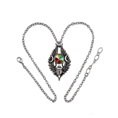 Necklace with a multicolored gemstone and pewter scarab on a white background