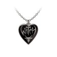 Heart-shaped pendant in pewter with black enamel, "Witch" text and Baphomet design
