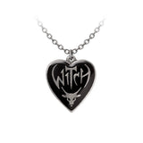 Heart-shaped pendant in pewter with black enamel, "Witch" text and Baphomet design