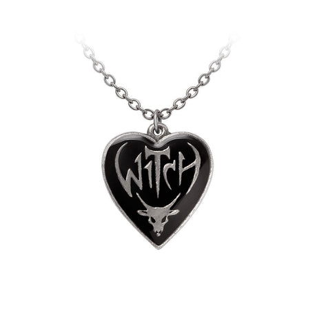 Heart-shaped pendant in pewter with black enamel, "Witch" text and Baphomet design