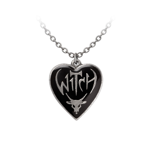 Heart-shaped pendant in pewter with black enamel, "Witch" text and Baphomet design