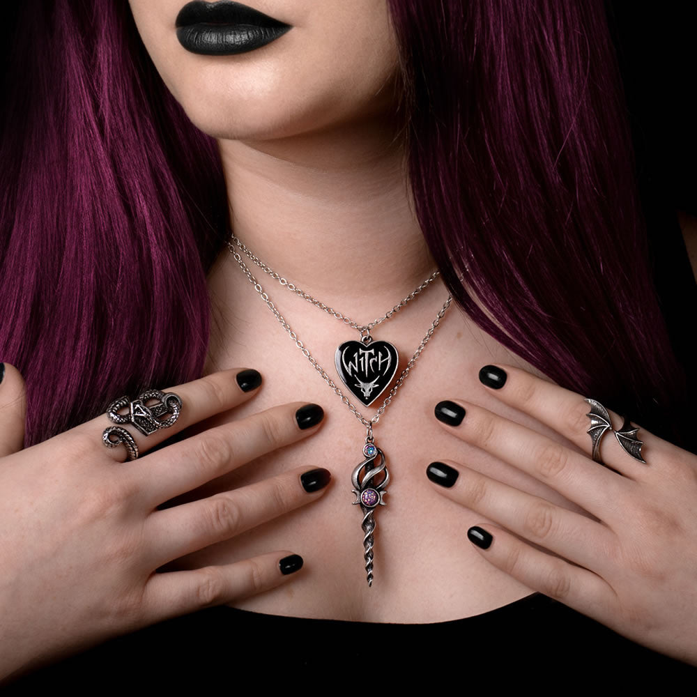 Woman wearing gothic jewelry including Witch necklace