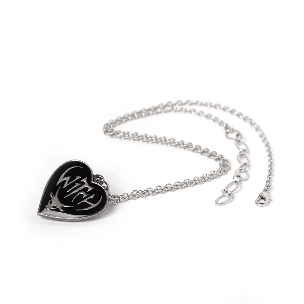 Heart-shaped pendant in pewter with black enamel, "Witch" text and Baphomet design