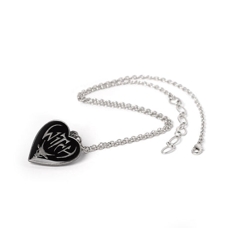 Heart-shaped pendant in pewter with black enamel, "Witch" text and Baphomet design