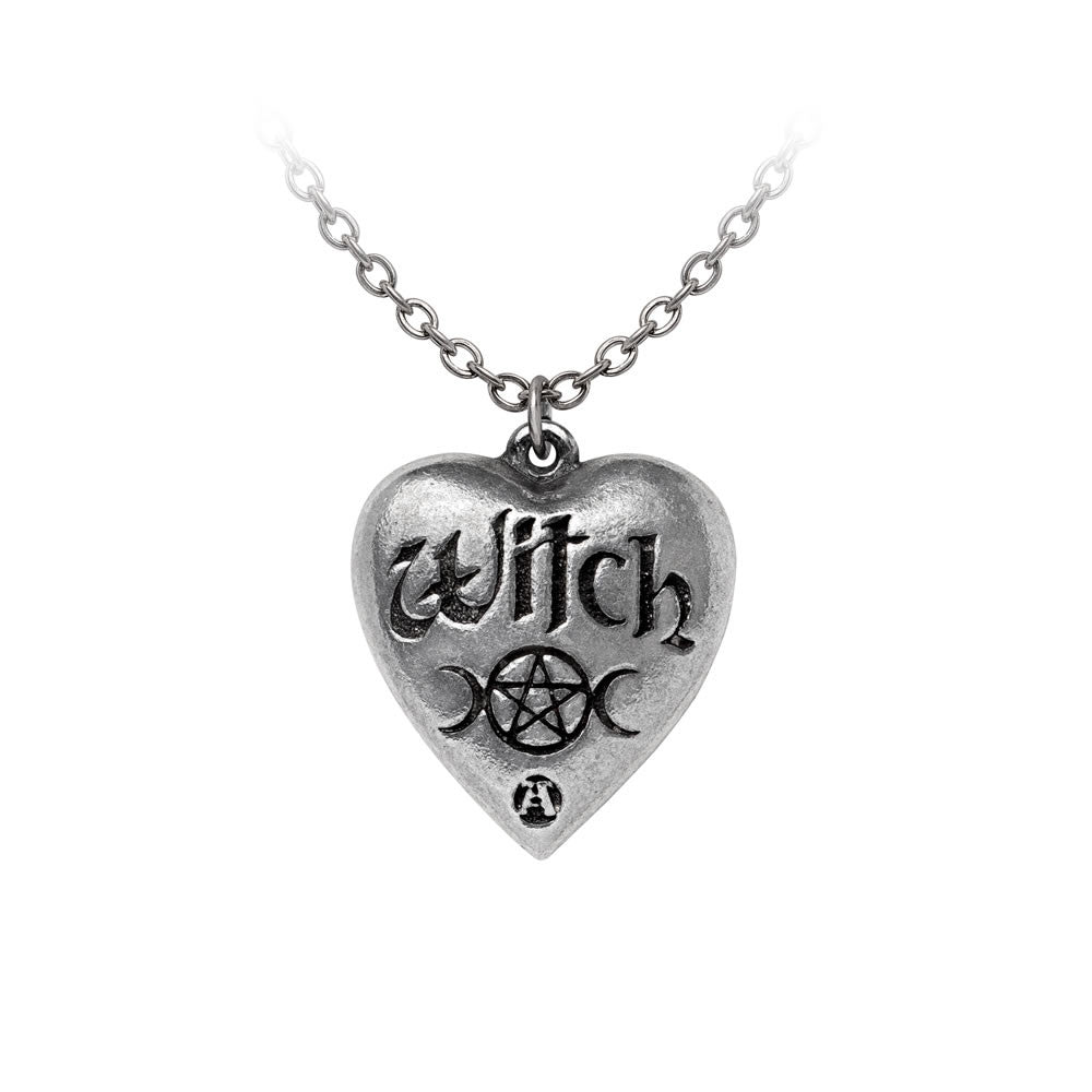 Back of heart-shaped Witch pendant with designs