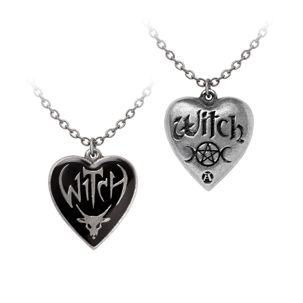 Heart-shaped pendant in pewter with black enamel, "Witch" text and Baphomet design - shown front and back