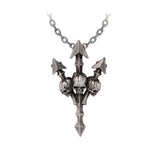 Pewter necklace with pointy trident and three skulls