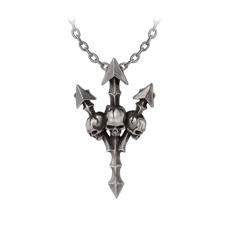 Pewter necklace with pointy trident and three skulls