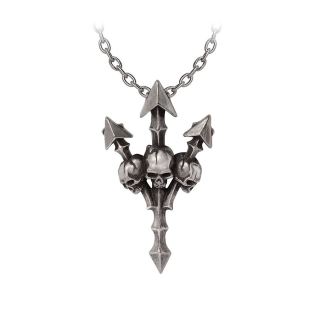 Pewter necklace with pointy trident and three skulls