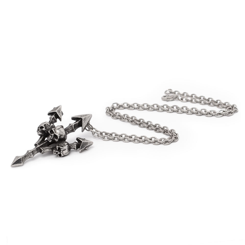 Pewter necklace with pointy trident and three skulls