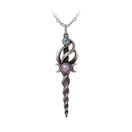 Silver pendant shaped like a unicorn horn sword with jewel accents