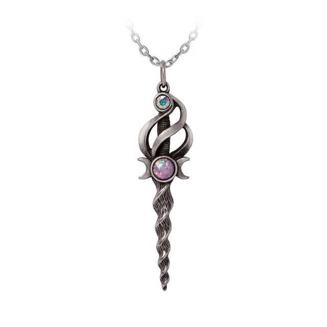 Silver pendant shaped like a unicorn horn sword with jewel accents