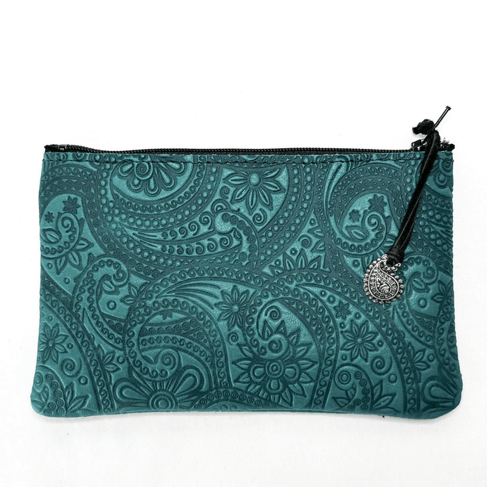 Paisley leather zipper pouch with pewter charm, in teal