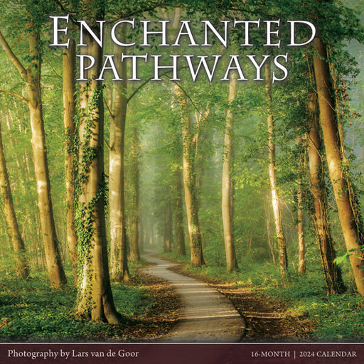 Enchanted Pathways 2024 calendar by Lars van de Goor showing a sunlit woods path