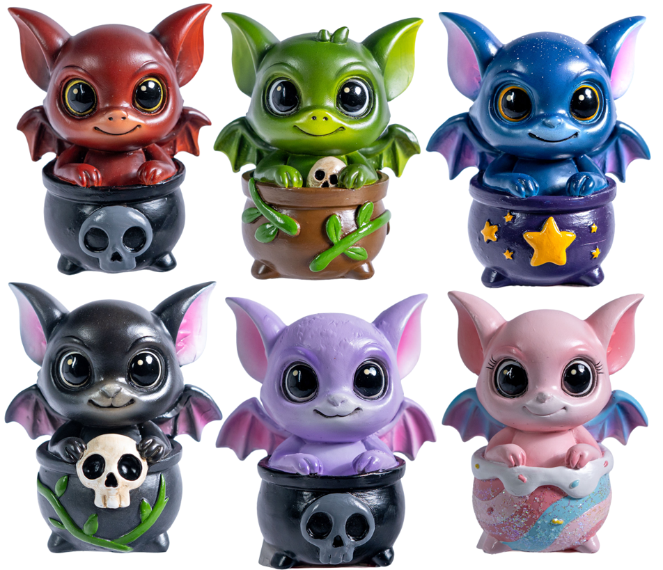 Set of six colorful dragon-imp figurines with different colors, each sitting in a cauldron