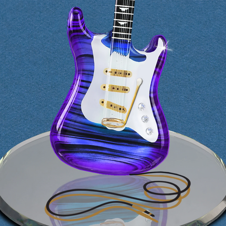 Glass figurine of purple and white guitar