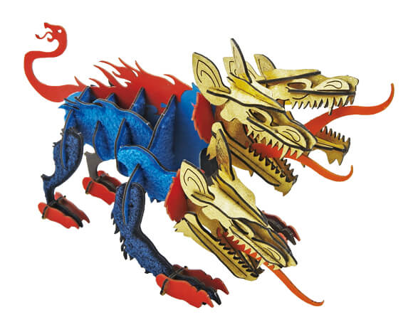 Assembled 3D paper puzzle of Greek three-headed dog, Cerberus in gold, red and blue