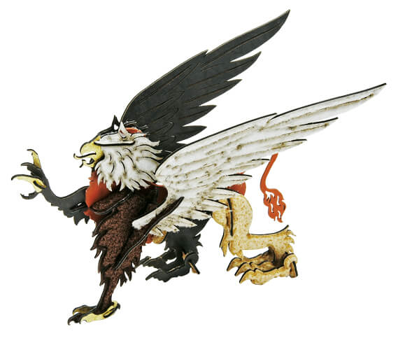 Assembled paper puzzle of a white, tan and brown gryphon with red accents (half eagle, half lion)
