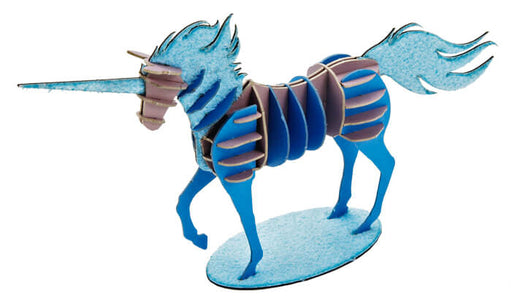 Assembled 3D paper puzzle of a blue unicorn