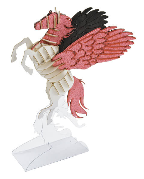 Assembled paper puzzle (3D) of a rearing pink and white pegasus