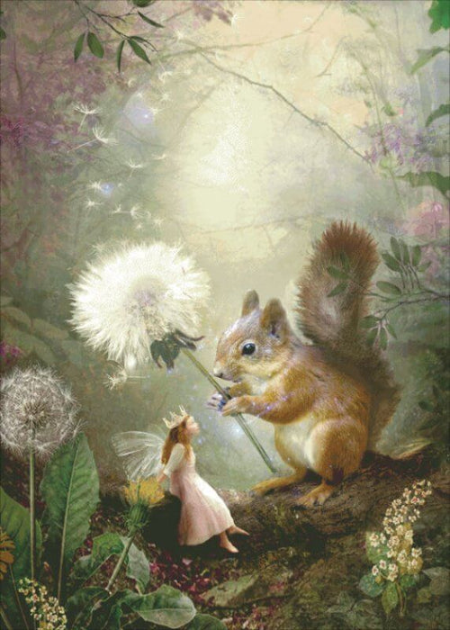 Cross stitch pattern image of a princess fairy under a dandelion puff held by a squirrel in a garden forest setting