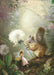 Cross stitch pattern image of a princess fairy under a dandelion puff held by a squirrel in a garden forest setting