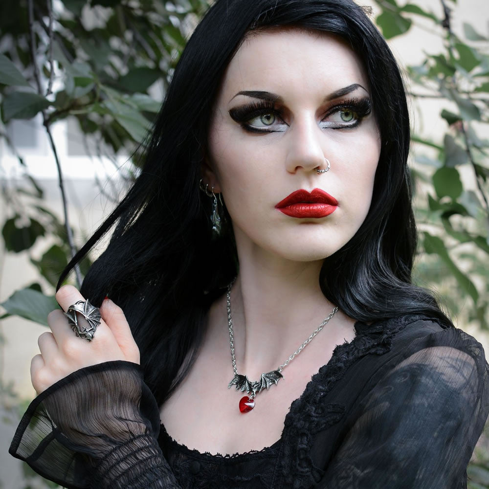 Woman wearing gothic jewelry including Pewter bat ring