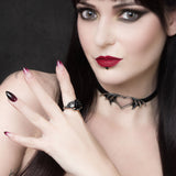 Pewter ring with black rose and Austrian crystals, shown worn