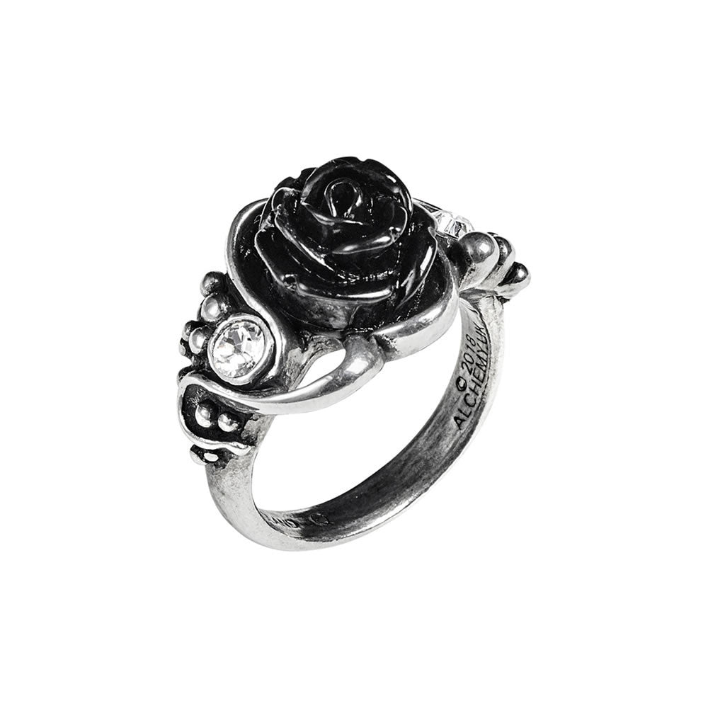 Pewter ring with black rose and Austrian crystals