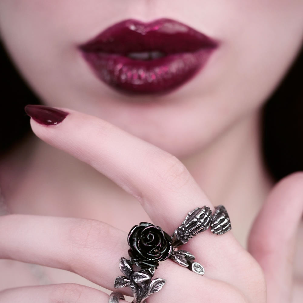 Pewter ring with black rose, shown worn
