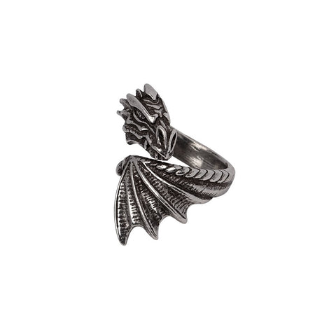 Silver dragon-shaped ring on a white background
