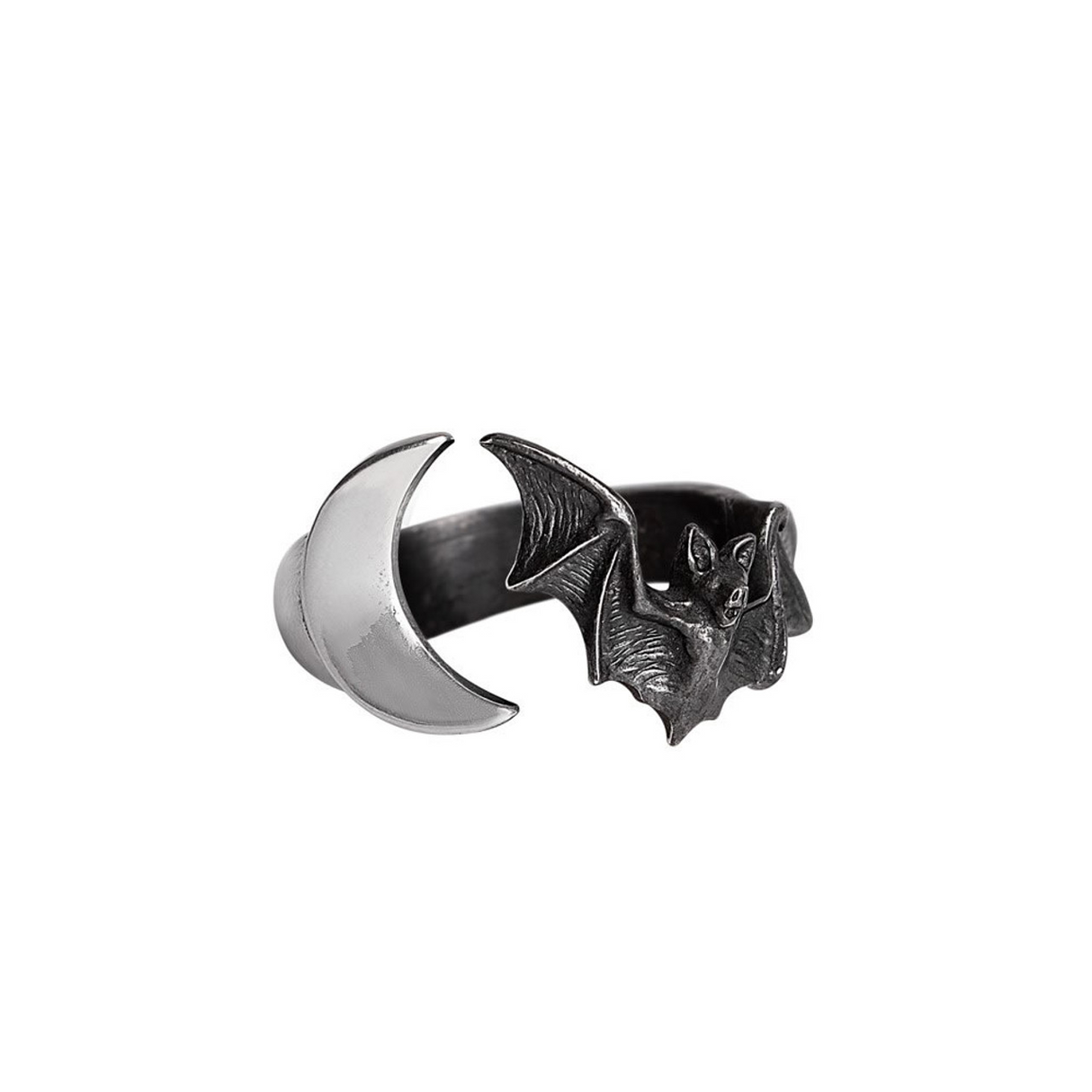 Pewter and black bat and moon-shaped ring on a white background