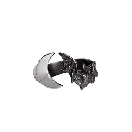 Pewter and black bat and moon-shaped ring on a white background