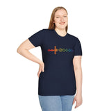 Lady wearing dark blue t-shirt with rainbow dice sword design 