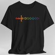 Black t-shirt with rainbow dice sword design on a gray background