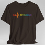 Brown t-shirt with rainbow dice sword design 