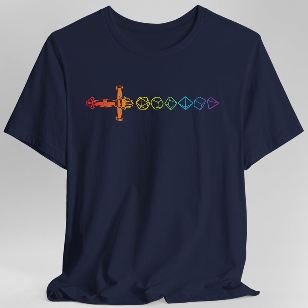 Dark blue t-shirt with rainbow dice sword design 
