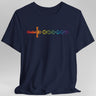 Dark blue t-shirt with rainbow dice sword design 