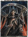 Tapestry with Grim Reaper holding scythe and hourglass. Skeleton in front of Gothic pillars