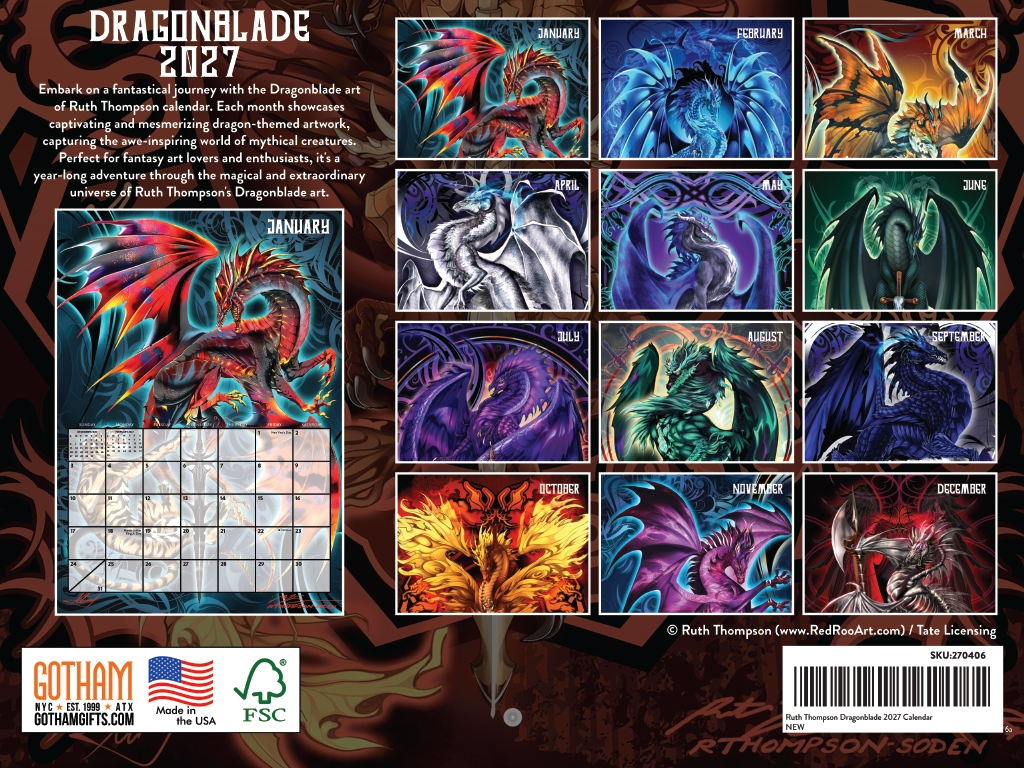 Dragonblades by Ruth Thompson 2027 Wall Calendar back cover showing all of the months