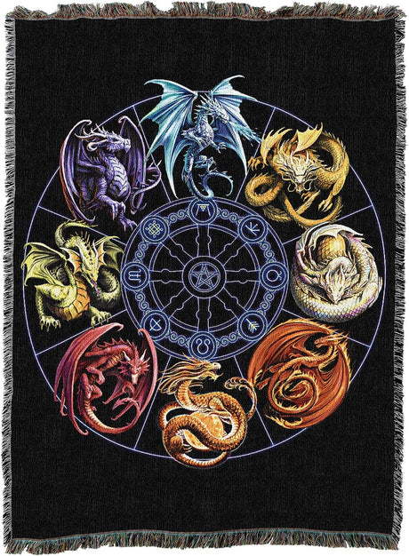 Tapestry blanket with eight dragons in a wheel formation, different colors to represent different points in the year