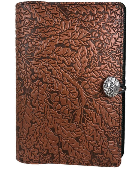 Saddle tan leather journal with oak leaf design and button