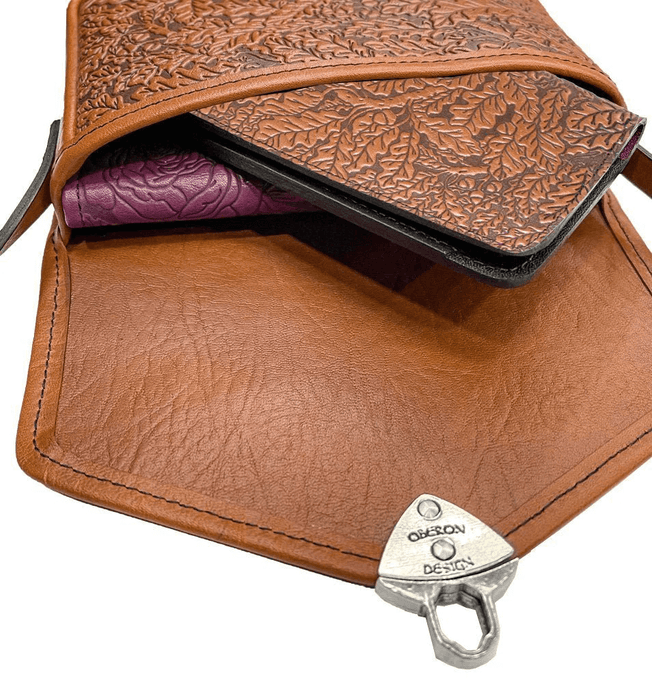 Oak Leaves 'Becca' leather cell phone handbag, inside view with checkbook tucked in as an example