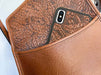 Oak Leaves 'Becca' leather cell phone handbag , back pocket showing example of cell phone tucked in