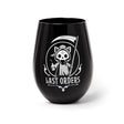 Stemless wineglass with skeleton cat grim reaper and "Last Orders" text