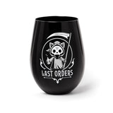 Stemless wineglass with skeleton cat grim reaper and "Last Orders" text