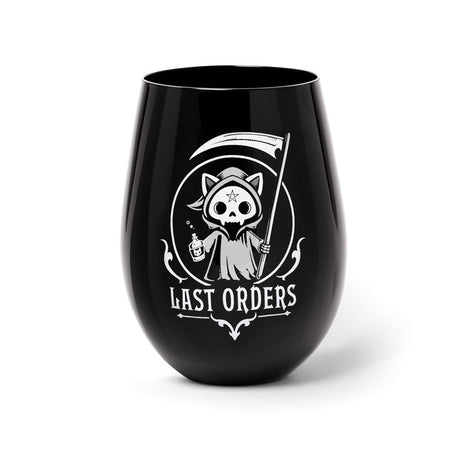 Stemless wineglass with skeleton cat grim reaper and "Last Orders" text