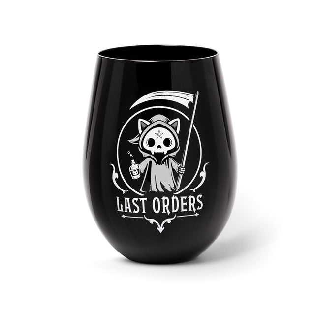 Stemless wineglass with skeleton cat grim reaper and "Last Orders" text