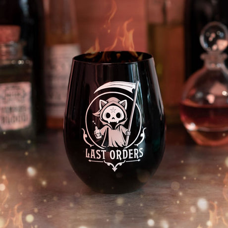 Stemless wineglass with skeleton cat grim reaper and "Last Orders" text