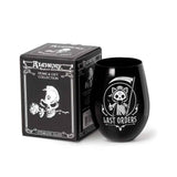 Stemless wineglass with skeleton cat grim reaper and "Last Orders" text, with box